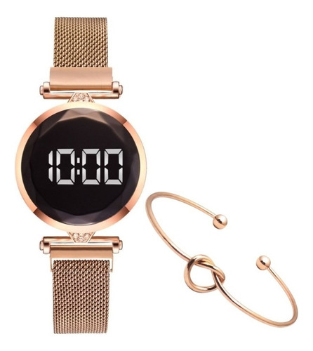 Relógio Feminino Digital Rosé Pulseira Magnética + Bracelete Cor da correia Dourado rose Cor do bisel Dourado Cor do fundo Preto