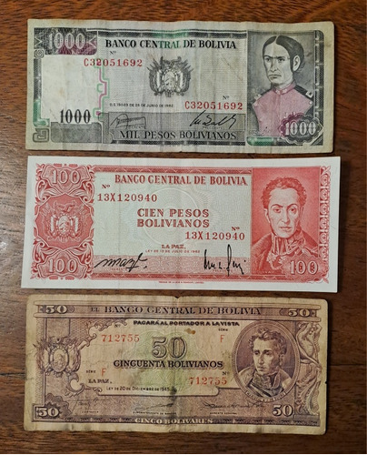Bolivia X 3 Billetes Incluye 100 Bolivianos Ley 1962. 