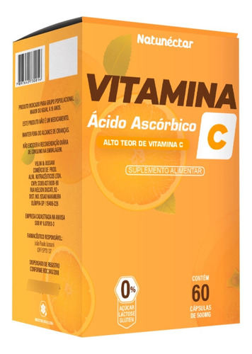 Vitamina C . Ácido Ascórbico 500mg 60 Cápsulas - Natunéctar Fortalecedor Imunologico
