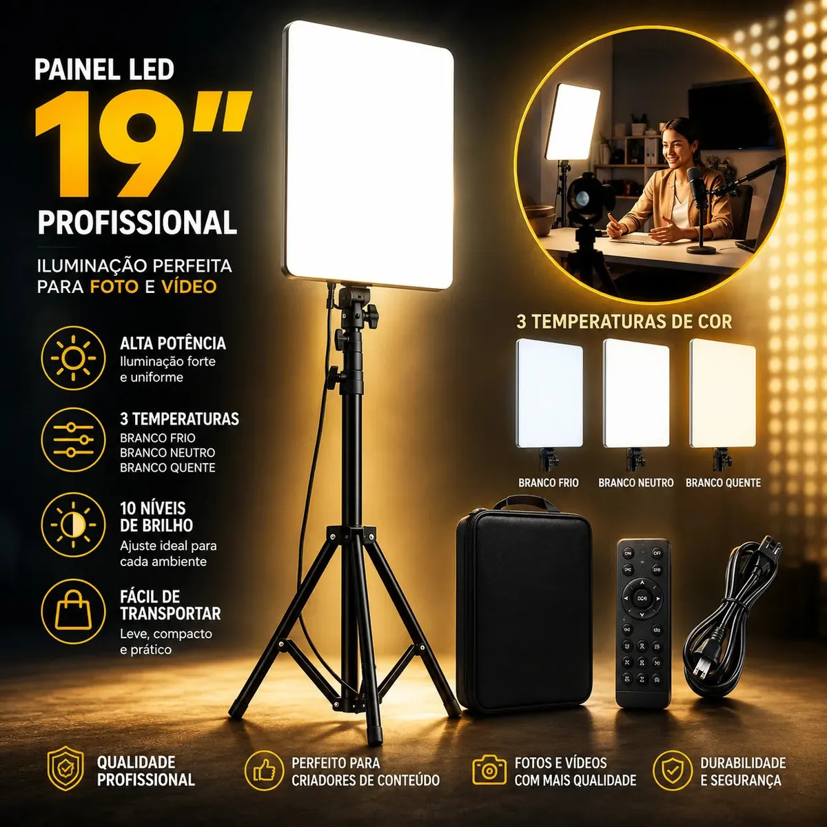Kit Iluminação Ring Light Led Profissional 19 Pol Com Tripé 2,10mt Ajustável Para Foto Video Live Digital Informatica