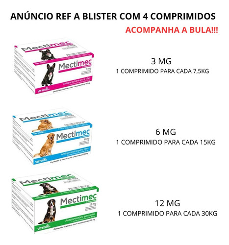Ivermectina 3mg Mectimec Blister 4comp Cães De 4kg Até 7,5kg