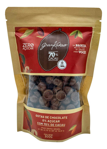 Gotas Grankakao 70% Cacau - Zero Açucar Grankakao  gotas de chocolate 0% açucar com 70% de cacau sem glúten pacote 300 g