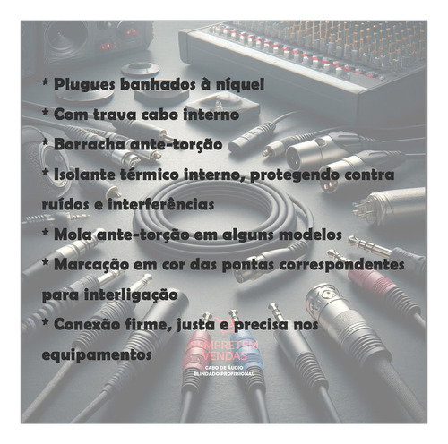 Cabo De Áudio Blindado P10 L Duplo P10 Mono Duplo 3 Metros