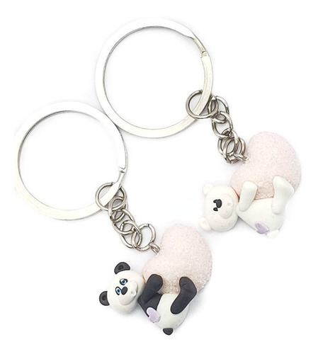 Llavero De Oso Blanco Y Panda De Pasta Y Acero+estuche N24 Color Plateado