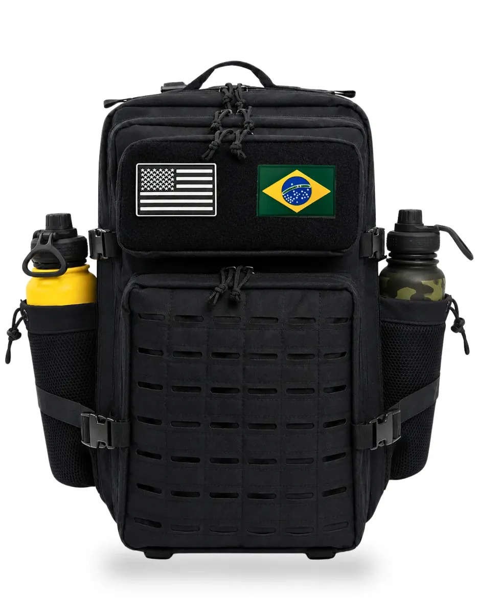 Mochila Tatica Militar Grande Mega Reforçada 50 Litros Impermeável Resistente Bolso Garrafa 2 Bandeiras Viagem Camping Airsoft Policial Exército