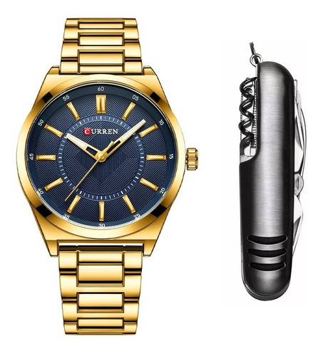 Relógio Masculino Curren Dourado Casual Luxo + Canivete Cor do fundo Azul-escuro