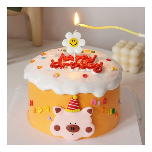 5 Pcs Flor Blanca Con Velas De Cumpleaños Sonrientes, Velas