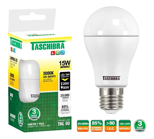 Lâmpada Led Tkl 90 15w Luz Quente 3000k Taschibra