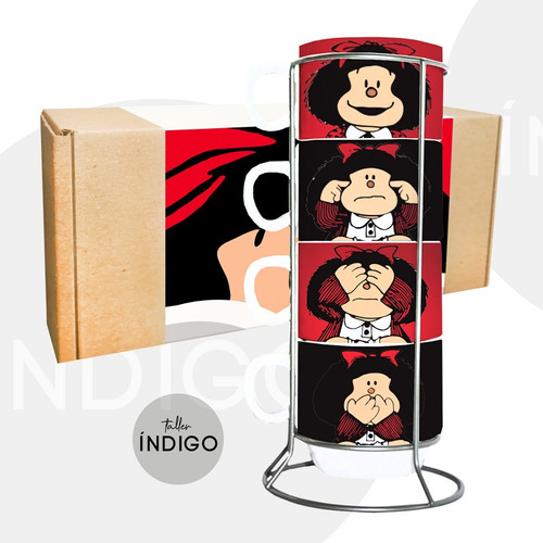 Mugs Mafalda Apilables X4 + Empaque Personalizado Artesanal