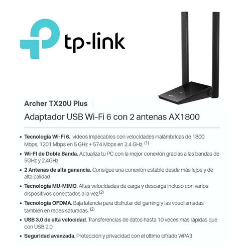 Adaptador Usb 3.0 A Wifi 6 Ax1800, Tp Link Archer Tx20u Plus