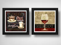 Comprar Set 2 Cuadros Café Vino Retro Decoracion Cocina 33x33cm Marco Negro