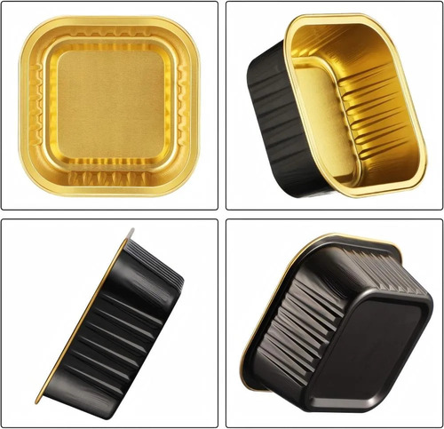 BANNA 50 Molde Para Tarta De Aluminio Desechable Con Tapa+cuchara,5 oz Mini Moldes para Tartas, Moldes Cuadrados de Foil para Tartas de Bodas, Fiestas y Cumpleaños, 9*9*3.5cm,Negro