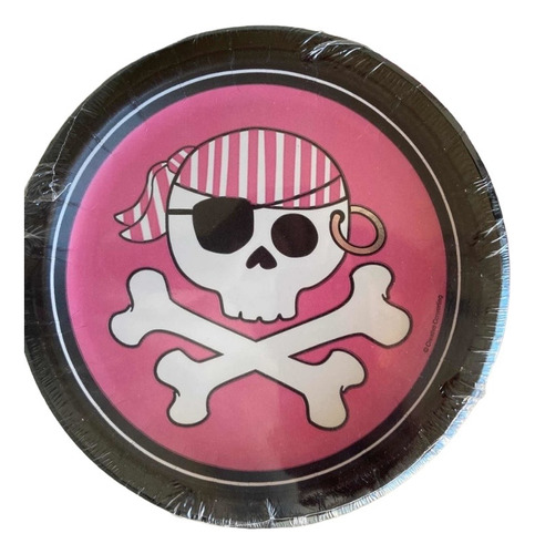 Platos De Cumpleaños Diseño Pirata Calaveras Rosado Blanco