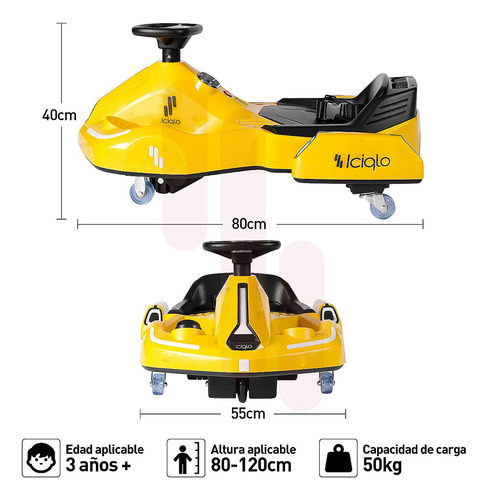 Go Kart Electrico Para Niños Giro 360° Luz Bluetooth Iciqlo Color Amarillo