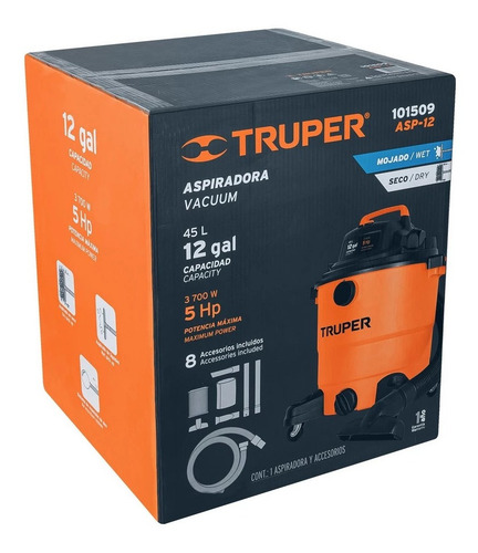 Aspiradora Truper Asp-12 45l Sólidos Y Líquidos 5hp 127v Color Naranja/Negro 120V