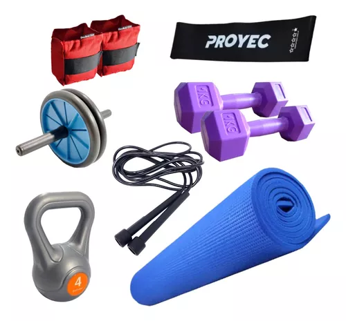 Kit Entrena Colchoneta Pesas Rueda Banda Soga Tobilleras Gym