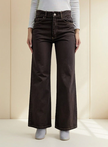 Pantalón Wide Leg De Jean Rígido - Chocolate