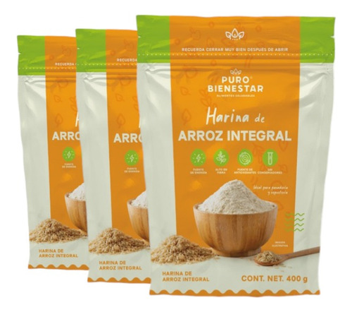 Harina De Arroz Integral Premium Puro Bienestar 3 Pz