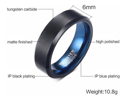 Imagen 2 de 6 de Anillo De Tungsteno, Ryux Il Negro Mate Interior Azul