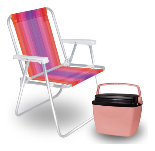 Kit Caixa Termica Rosa Cooler 6 L+ Cadeira De Praia Alumínio