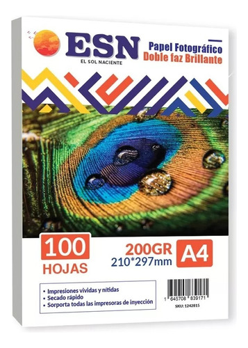 Papel Fotografico Doble Faz Brillante 200g A4 100 Hojas