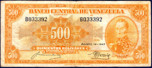 Billete De 500 Bolívares B6 Agosto 14 1947 Bolívar Canario