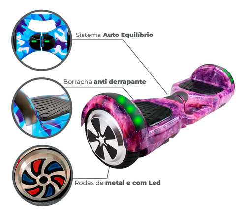 Hoverboard Overboard Skate Elétrico 6.5 Bluetooth Luzes Led Cor Roxo Galaxia Roxo Galaxia