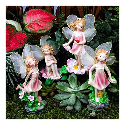 4 figuras de hada de flores de resina, elfos, modelo niña con alas, estatua  de hadas, jardín, musgo, paisaje, bricolaje, terrario, manualidades