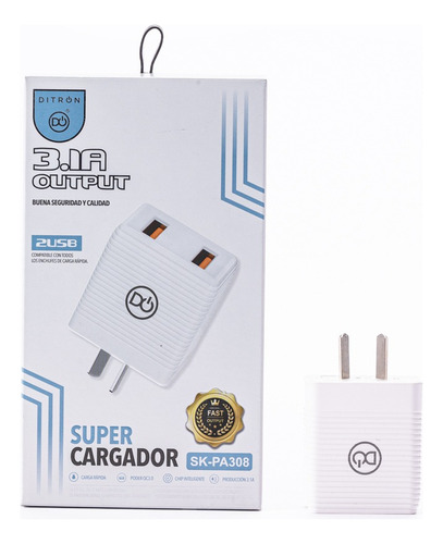 Cargador Ditron Carga Rapida 3.1a Celular Doble Usb Pa308 Color Blanco