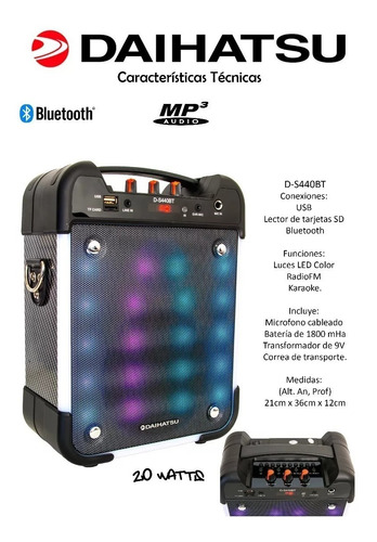 Parlante Portátil Daihatsu Bluetooth Karaoke Microfono Led 