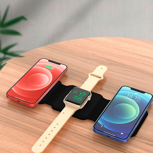 Base Cargador Inalambrico Plegable 3 En 1 Estación De Carga Para iPhone Slim Company Base Magnética Para Smartphone Reloj Audífonos Dispositivos Apple Y Android Carga Segura Color Negro