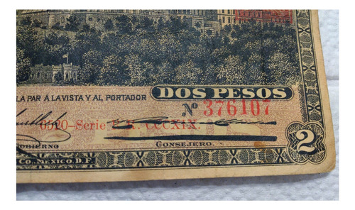 Billete 2 Peso Banco Oriental De Mexico 1914 (Usado)