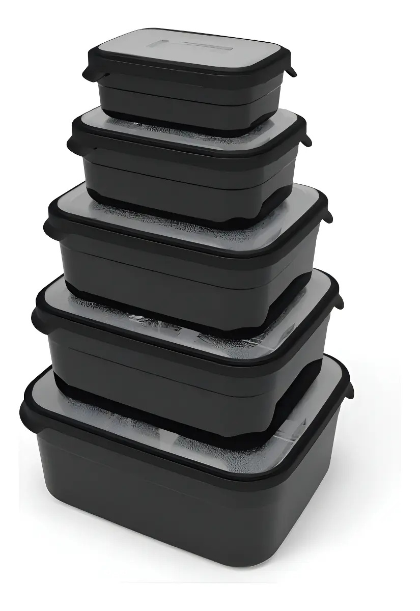 Conjunto 5 Potes Herméticos Plástico Preto 5L Tampa Micro-ondas