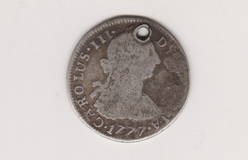 Moneda Potosi 2 Reales Año 1777 Pr Plata Buena Perforada (Usado)