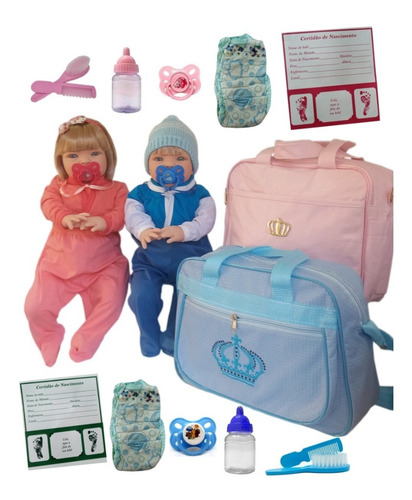 2 Bebês Reborn Casal Gêmeos+ Acessórios+ Bolsa Maternidade.