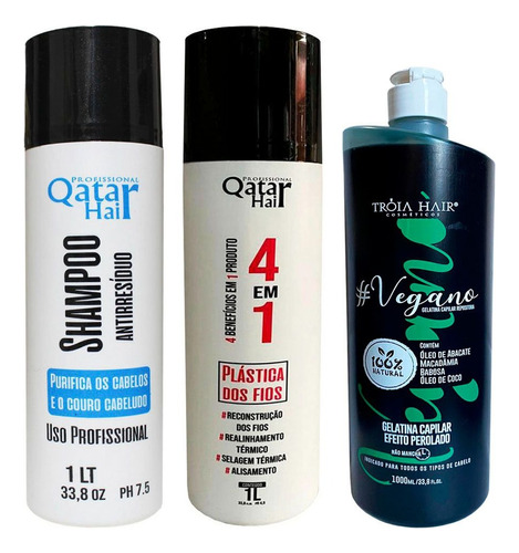 Qatar Hair Kit Selagem 4 Em 1 + Vegano Tróia Hair 3x1l