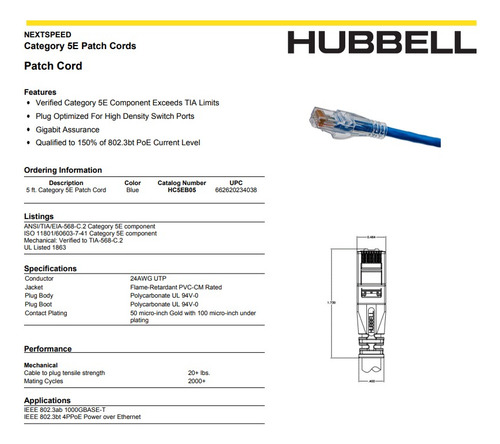 Paq. 10pz Cordón De Parcheo Hubbell Cat 5e Azul 5ft (1.5 Mt)