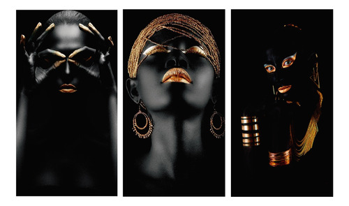 Cuadros Modernos Tripticos Africanas Labios Doradas 90x55 Cm