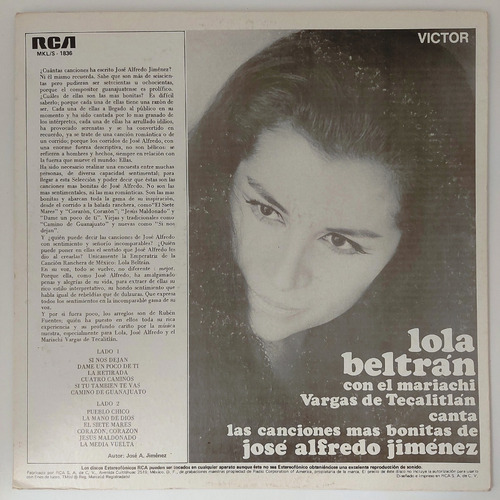 Lola Beltran Canta Las Canciones Mas Bonitas De Jose Alf Lp