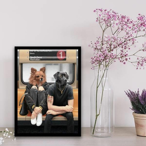 Quadro Montagem Cães Pessoas Metrô 33x24cm - Com Vidro Preta