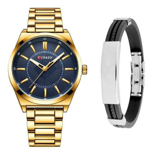 Relógio Masculino Curren Casual Dourado Luxo + Pulseira Cor do bisel Azul Cor do fundo Azul-escuro