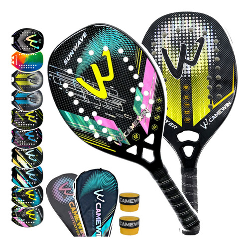 Kit 2 Raquetes Beach Tennis Camewin 100% Fibra De Carbono 3k Cor Sunpink / Destyellow