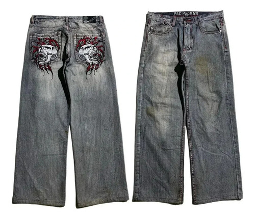 Skull Embroidered Loose Retro Dressed Jeans