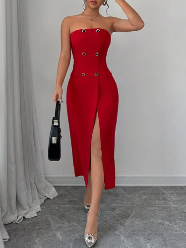 Vestido De Traje Sin Tirantes Elegante Con Abertura Frontal