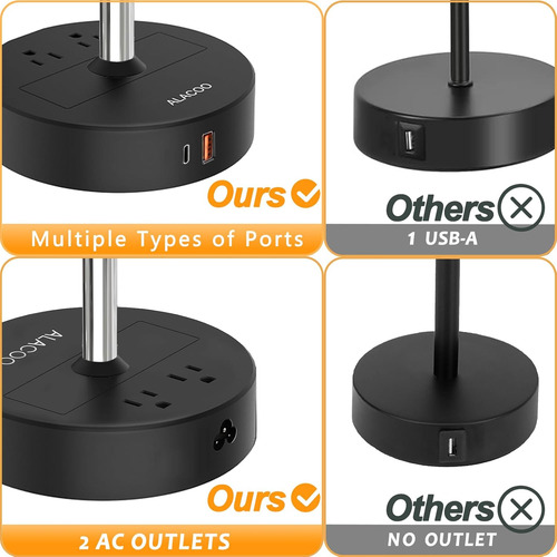 Lámpara De Mesa Negra Con Puertos De Carga Usb A C Y Salida