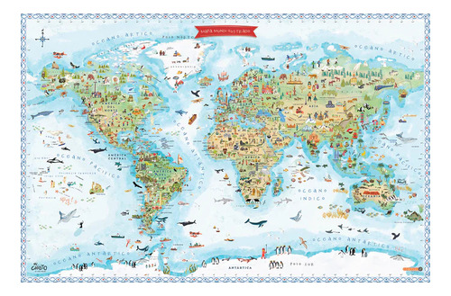Mapa Mundi Ilustrado Azul