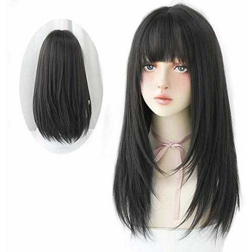 Huaisu Long Negro Straight Hair Wig Con Bangs W76w6