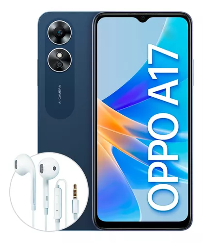 Celular Oppo A17 64GB, 4GB ram, cámara principal 50MP, frontal 5MP, 6.56”,  azul + Earphones HM135 - Coolbox