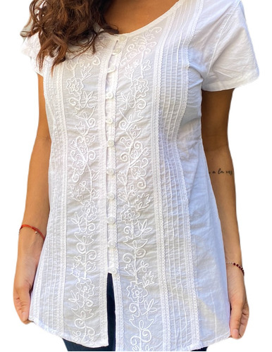 Camisa Blusa Blanca Algodon Batista Hindu Bordada Grande