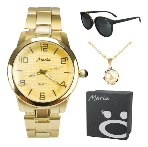 Relógio Feminino Aço Dourado + Oculos Sol Social Presente